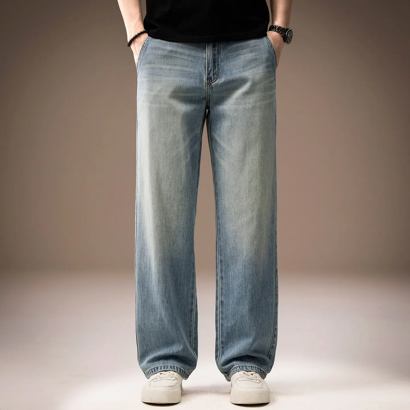 Four Seasons Fashion Men Light Blue Simple Basic Casual Trendy Daily Straight Jeans Pants Amerian Style Denim Trousers Clothes