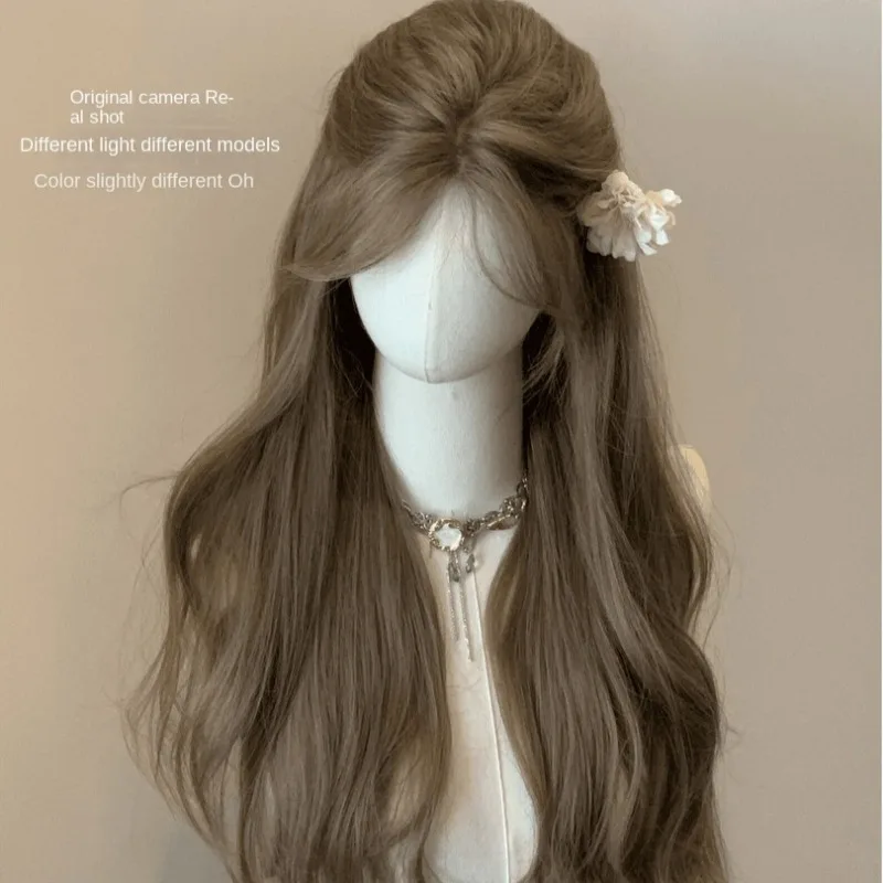 Long water Wave Wig Cold brown with Bangs cosplay Silky Wigs for Women Daily Party Natural Soft Synthetic Hair Heat Resistant 여장