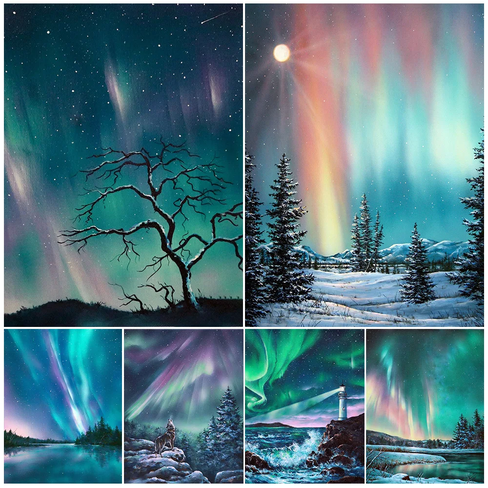 

Starry Night Sky And Green Aurora Borealis,Abstract Wall Art Canvas Painting Northern Lights Giclee Print Poster,Home Decoration