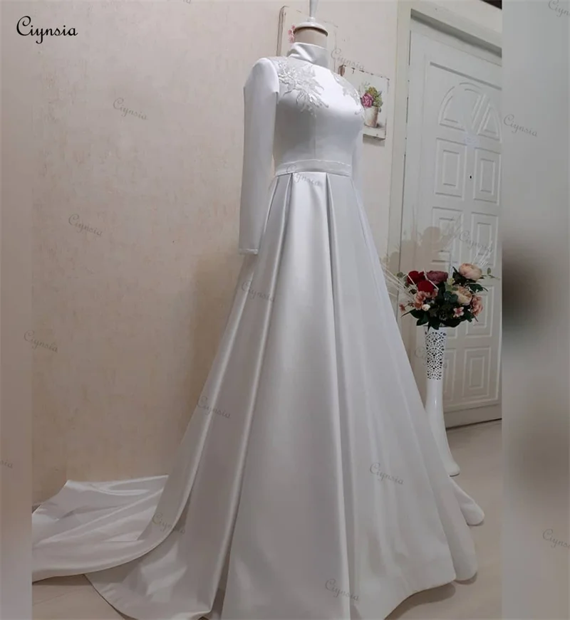 Ciynsia Elegant Muslim Long Sleeve Wedding Dress Lustrous Satin A-line Appliques Bride Bridal Gowns Vestido De Noiva Casamento