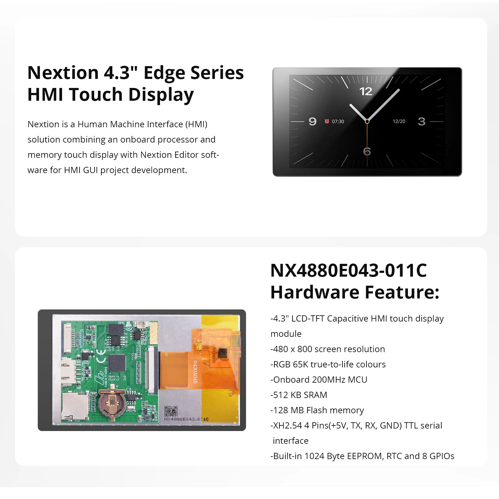 NEXTION NX4880E043-011C 4.3" Edge Series HMI Touch Display LCD-TFT Capacitive Screen Panel Module Built-in RTC Without Enclosure