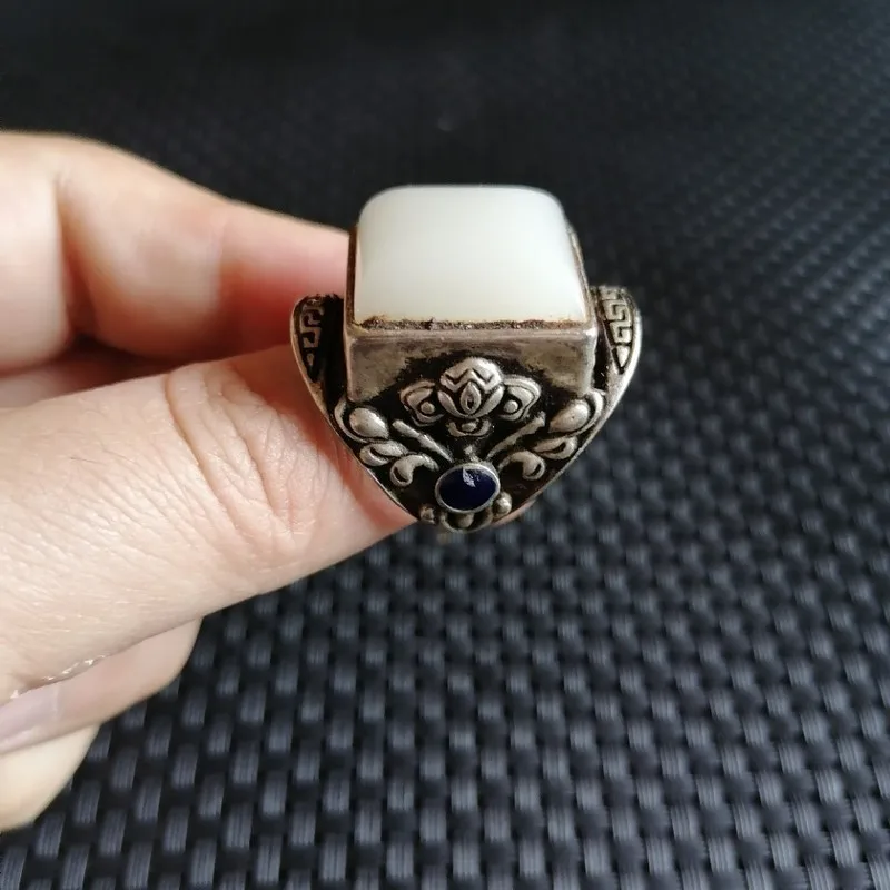 Antique White Jade Square Inlay, Open , Silver Ring With Old Patina