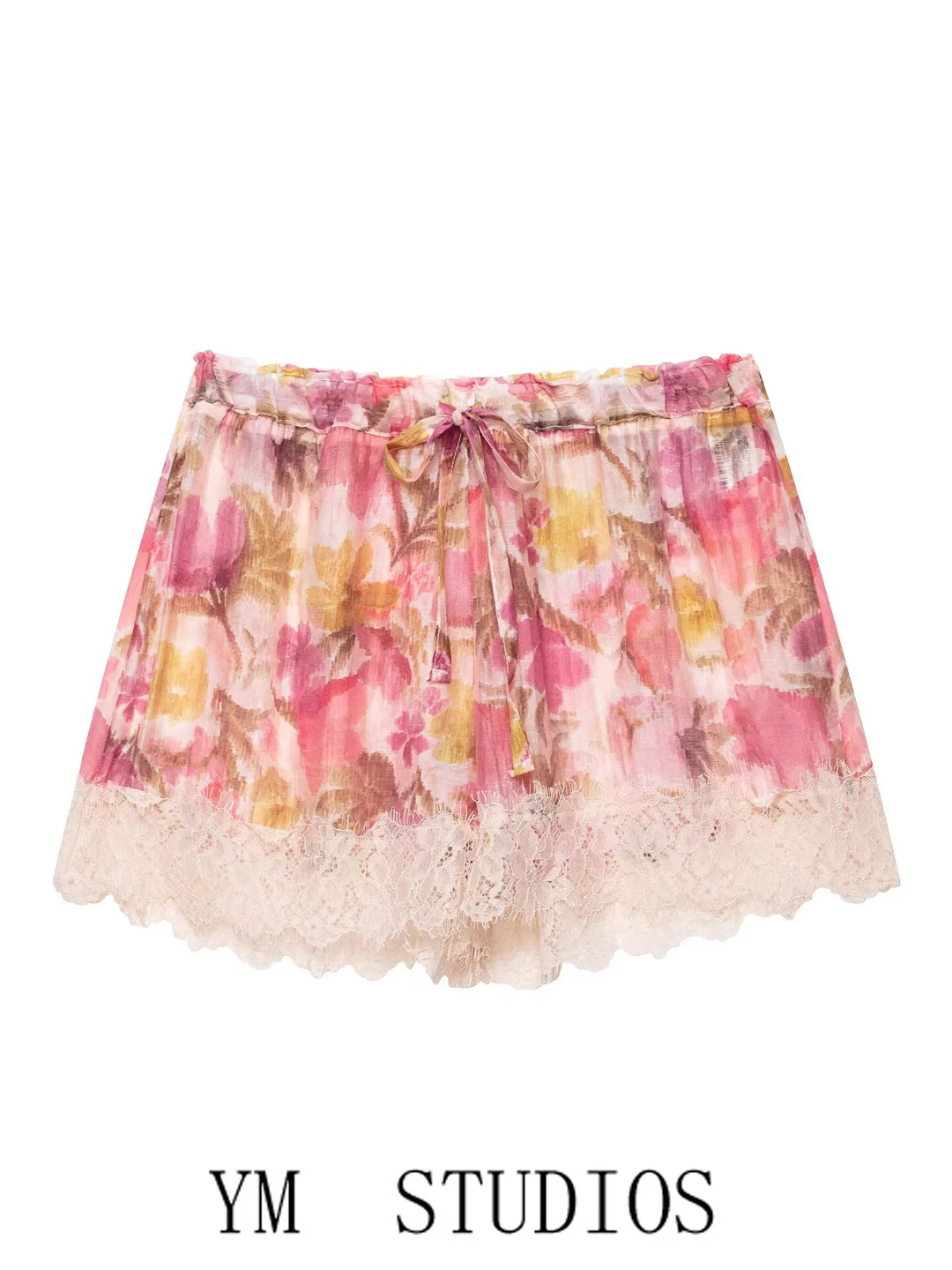 Women's Floral Print Lace Hem Short Pants Belted Elastic Waist Casual Trousers Summer 2026 mid Waist Wide Leg Polyester Fiber