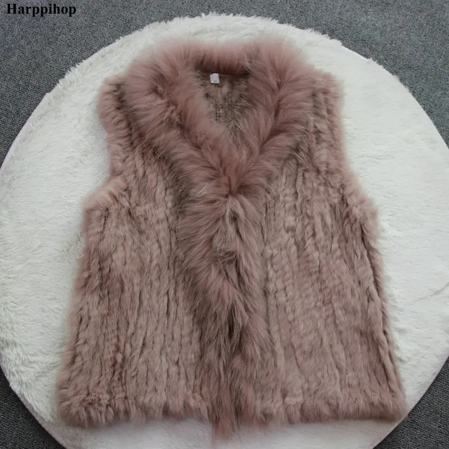 2023 new Women Genuine Natural Real rabbit fur Knitted Vests /Waistcoat/ gilet /coats with Raccoon Fur collar vest 20 colors