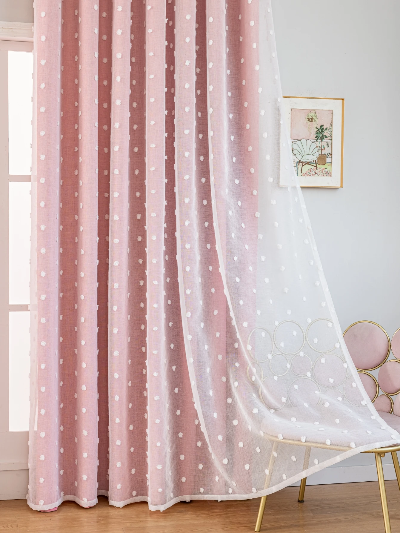 pink Double layered blackout curtains with perforated white dot gauze decor for  living rooms bedrooms office festive decor