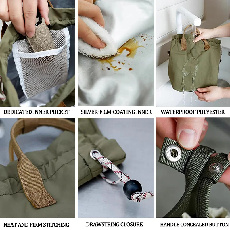 Large Capacity Waterproof Lunch Bag with Drawstring Closure Thick Insulation Cooler Bento Bag for Picnic Work Student Handle Bag image 5