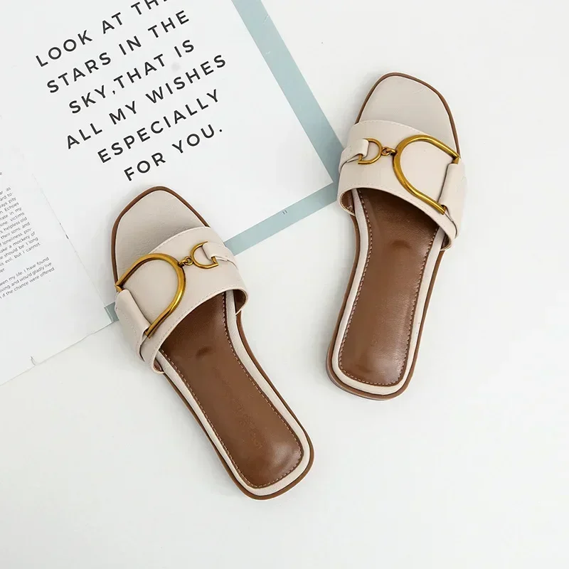 

2024 Summer Women's Slippers Leather Square Toe Women's Flats Flip-flops Designer Slippers Women's Slippers