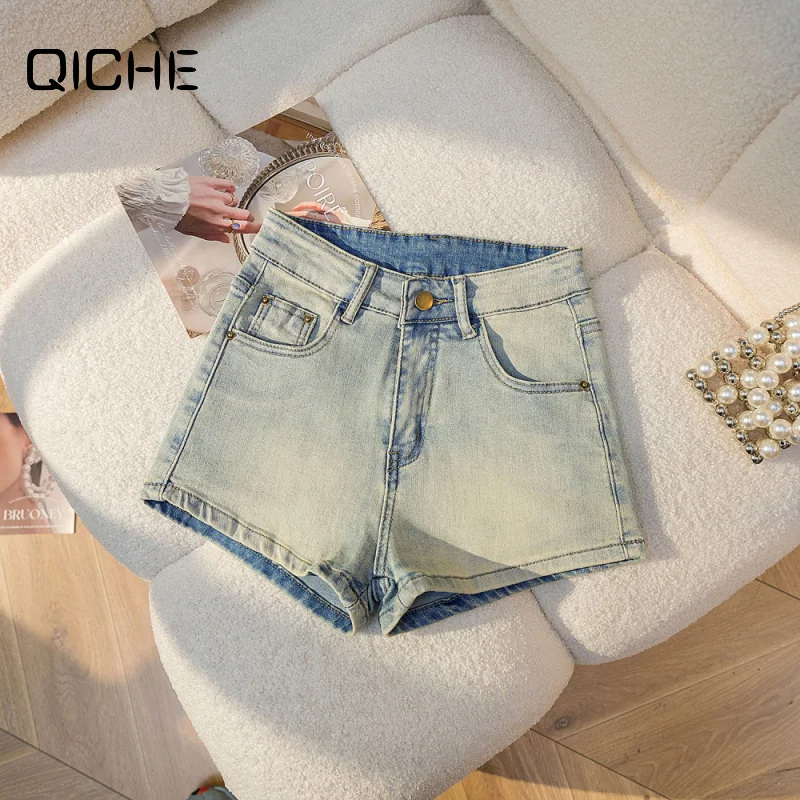 QICHE 2026 Summer Women Light Blue Straight Denim Hot Pants, High Waist Stretch Slim Petite Sexy Jean Shorts
