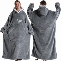 Extra Long Wearable Blankets Winter Flannel Hooded Blanket with Full Sleeves Men Women Cozy Soft Throw Adult TV Blanket 5