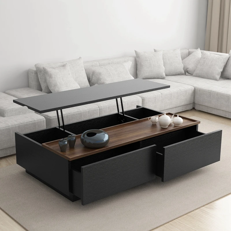 

Modern minimalist coffee table with black oak grain can lift the size of coffee table.