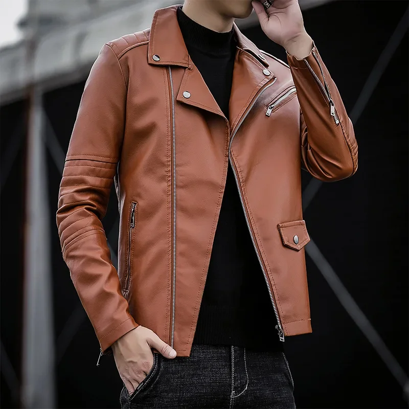 

2024 Men's Autumn Youth Motorcycle PU Leather Jacket Oblique Zipper Slim Lapel Casual Leather Jacket