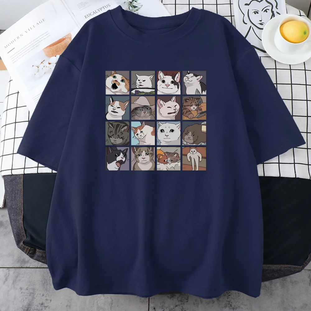 Camisetas de algodón con estampado de gato Meme para hombre, camiseta de calle Coreana de manga corta con cuello redondo, Tops informales de verano