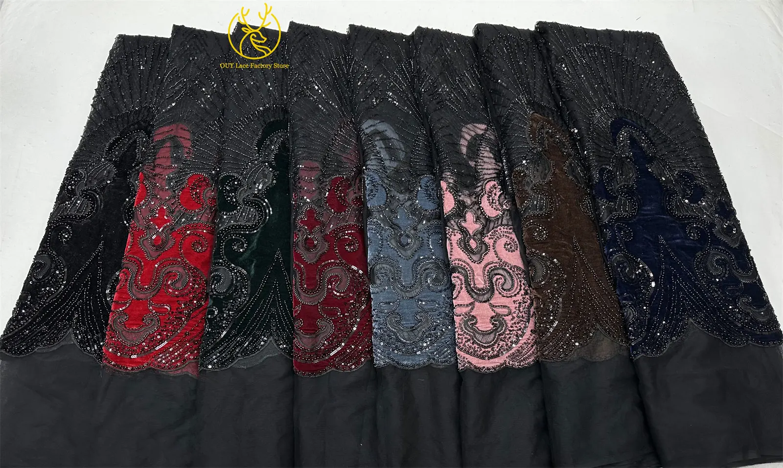 Luxuriöser afrikanischer Samtstoff mit goldenen Perlen und Pailletten, 5 Yards, weinrot, bestickter französischer Tüll für Damen-Partykleider – Detail 2