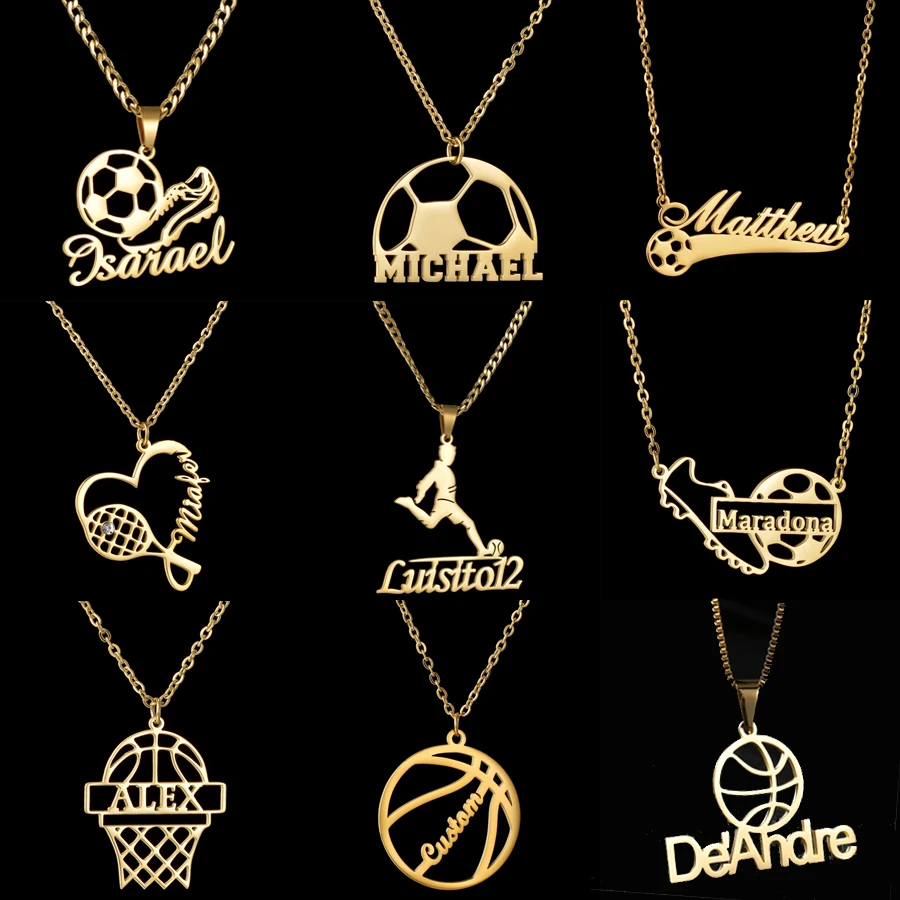 Acheerup Personalized Name Women Necklace Stainless Steel Sports Series Football Thick Chain Pendant Jewelry Birthday Men Gift