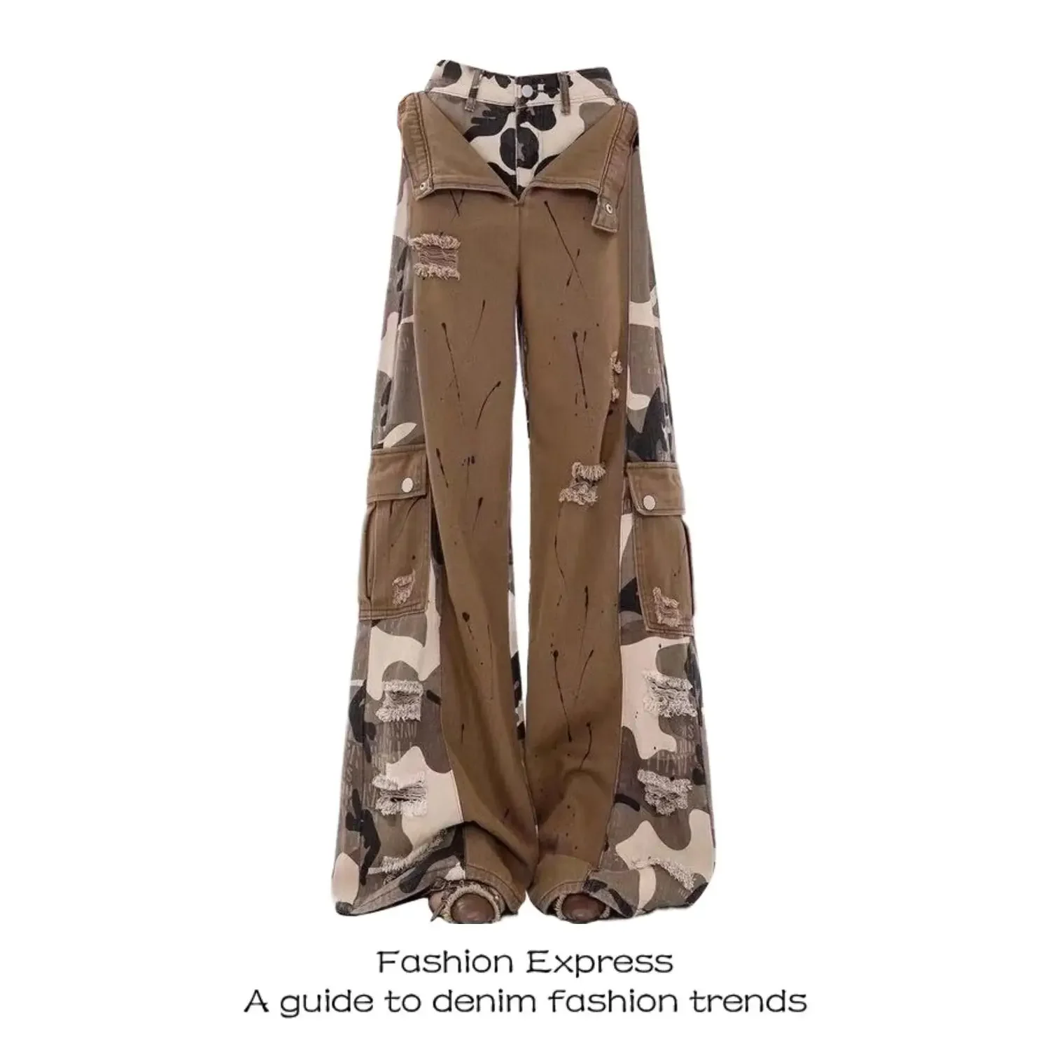Fake Two-piece Splicing Jeans Women's Autumn Camouflage Tooling Babes Wide-leg Mopping Pants