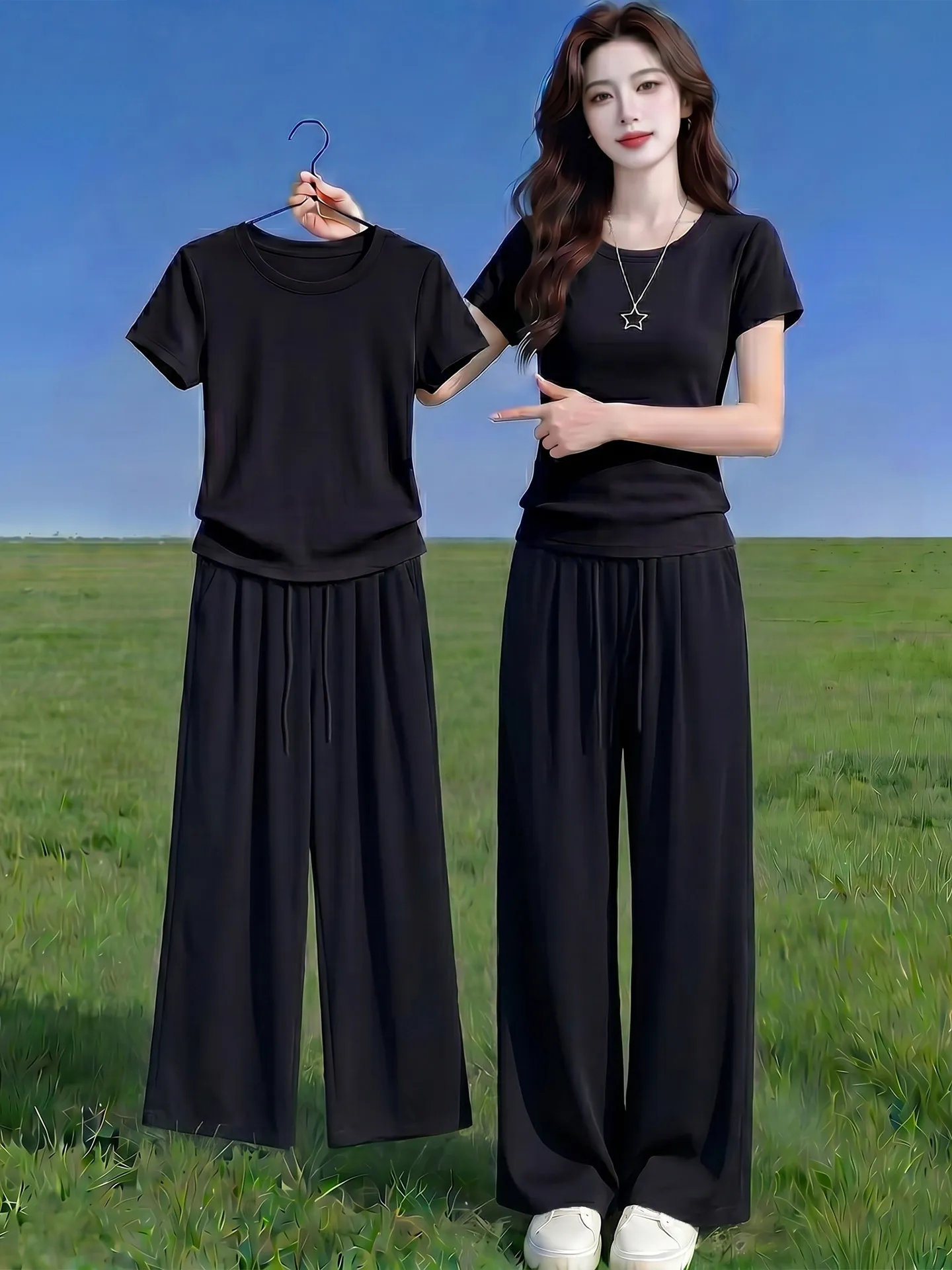 

Summer Casual Fashionable Pure Color Short Sleeve T-Shirt Wide Leg Pants Set Versatile Simple Design Breathable Midweight