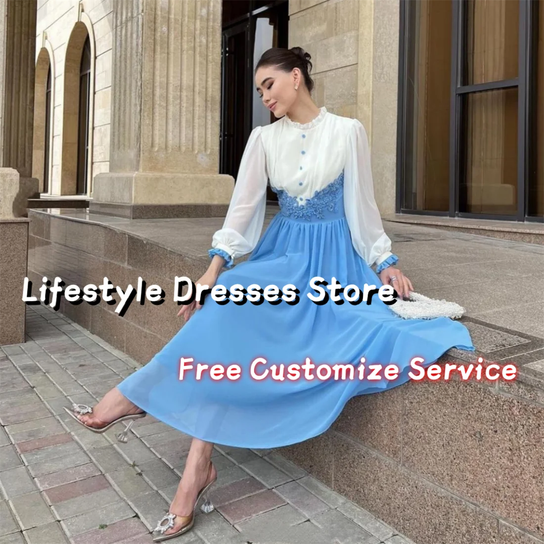 

Light Blue A-line Appliques Formal Occasion Dresses Long Sleeves Party Gown Buttons Ruffles Evening Dress 2024