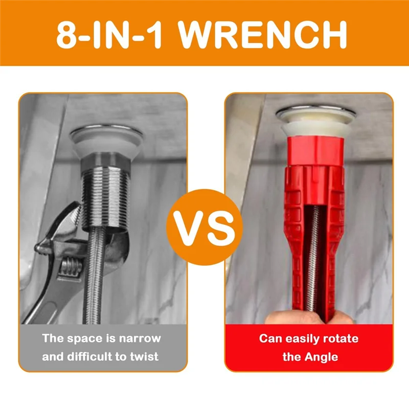 Ferramenta chave de pia AC88-2 peças, ferramenta de chave de torneira 8 em 1, chave de pia multifuncional, chave de tubulação de água para banheiros e cozinhas,
