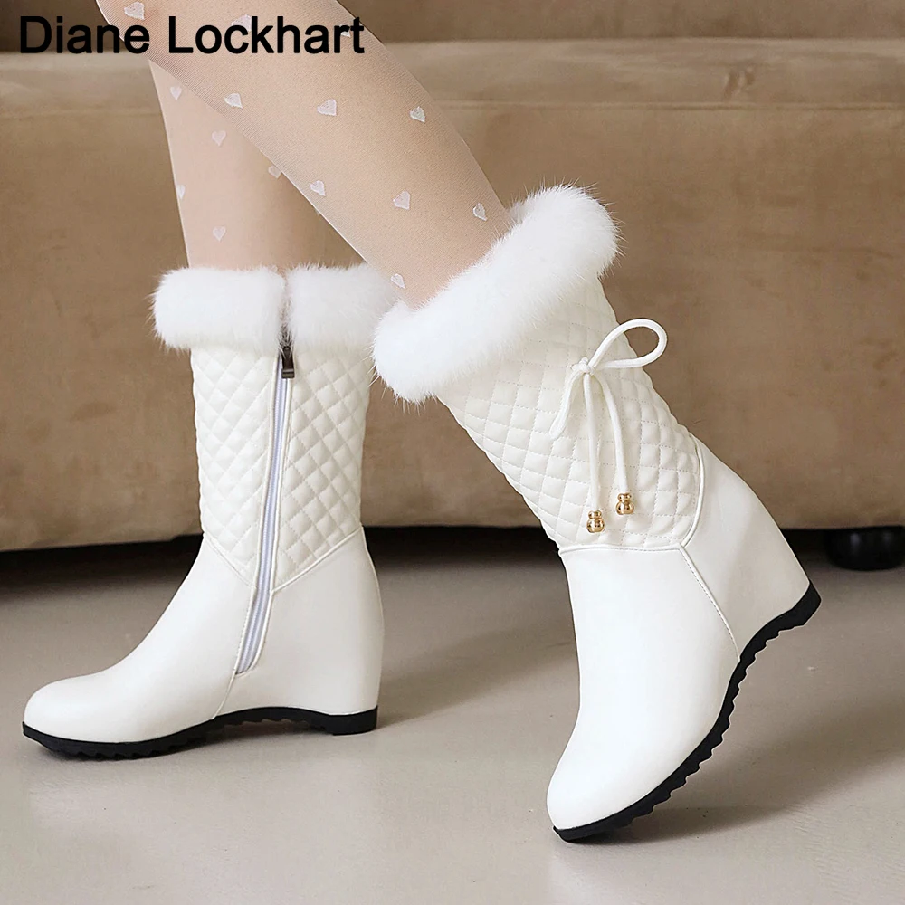 Winter white Real hair Girls Snow Boots Fashion Warm Plush Boots Ladies Round Toe zip Slope heel snow boots for women size 33 41