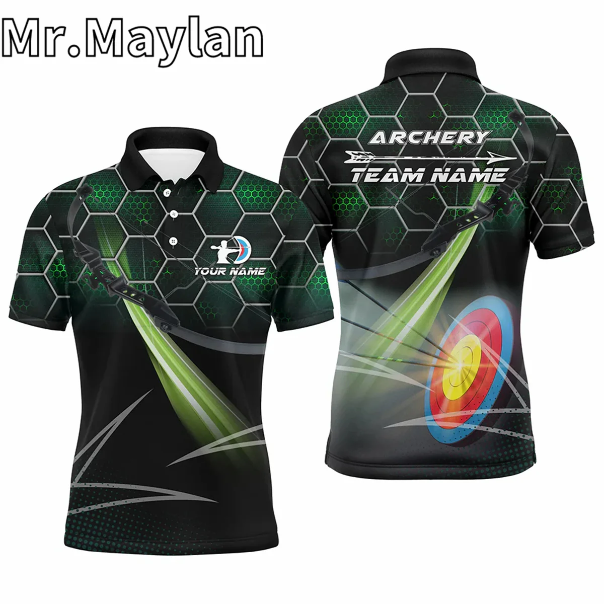 Personalized Green 3D Target Archery Sports Polo Shirts For Men Custom Name Arrow Archery Team Shirts Gifts For Archery Lovers