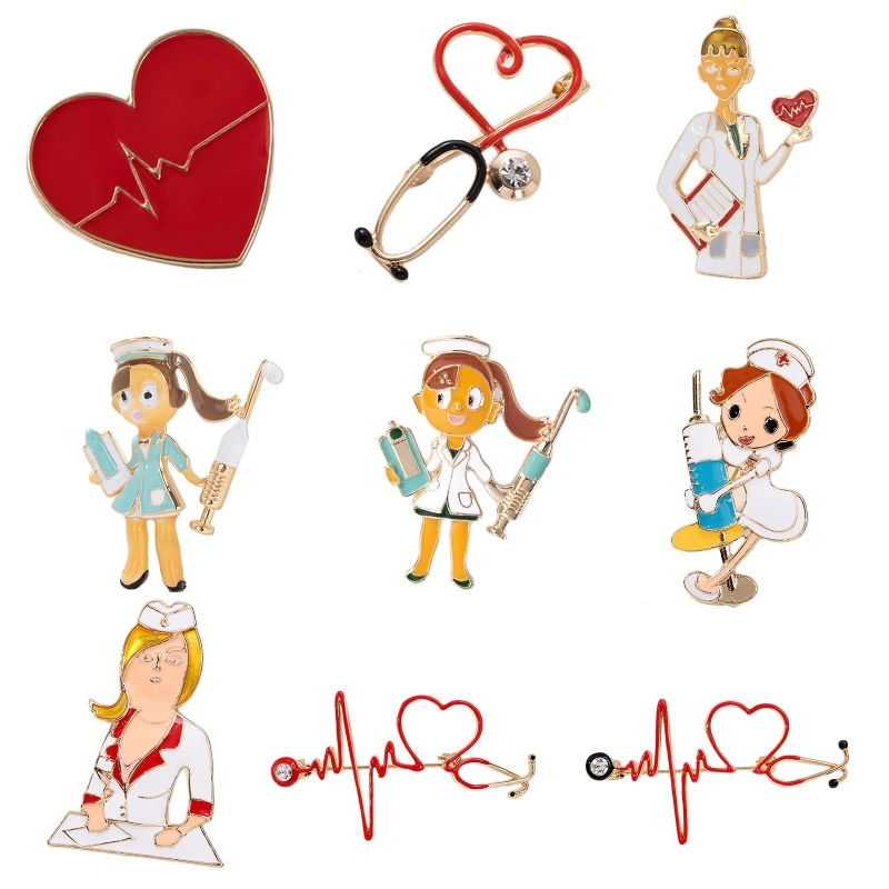 Enamel Love Heart Stethoscope Brooch Cartoon Doctor Nurse ECG Badge Lapel Pin