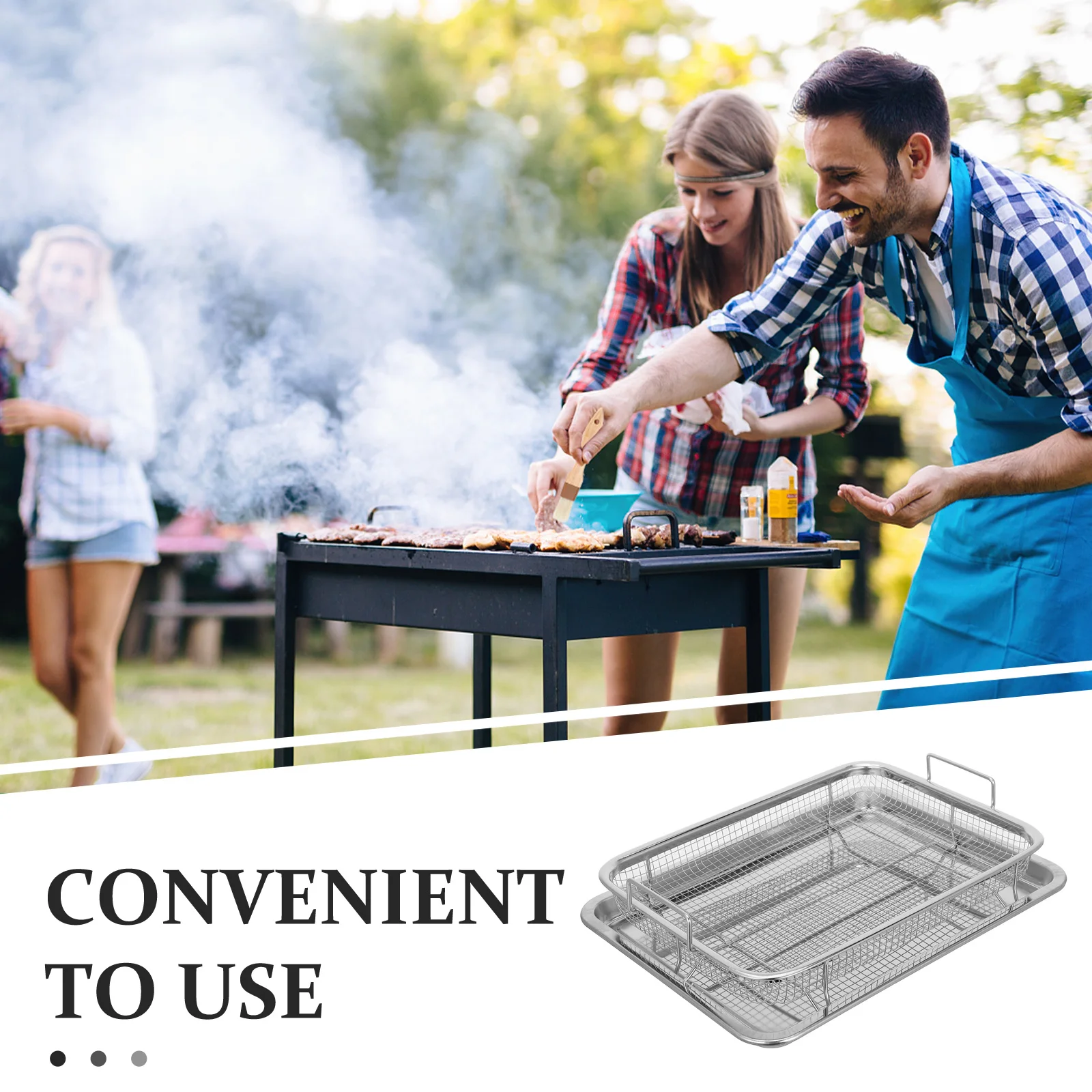 Afbeelding 7: 2 Stuks Rvs Bbq Mand Set Lucht Friteuse Oven Lade Braadpan Scherpende Mand Frietjes Kip Bacon Outdoor koken