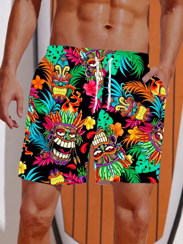 2024 Summer 3D Printed Hawaiian Vacation Style Printing Shorts Men's Board Shorts Casual Swim Trunks Drawstring Breathable Short