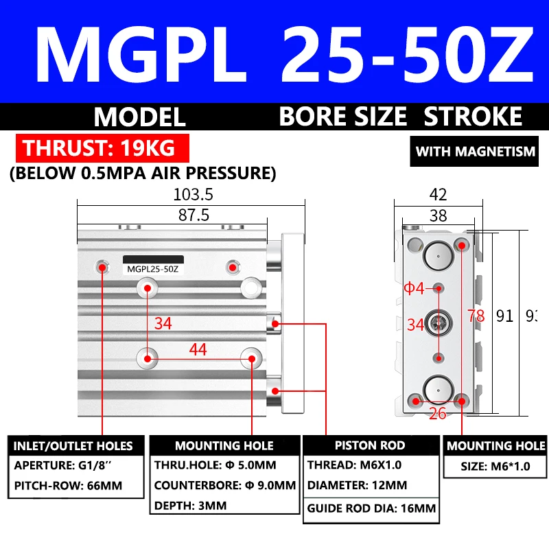 

ABILKEEN MGPL Series Pneumatic Compact Guide Cylinder MGPL25-50Z 25MM Bore X 50MM Stroke Thin Three Axis Three Rod Air Cylinder