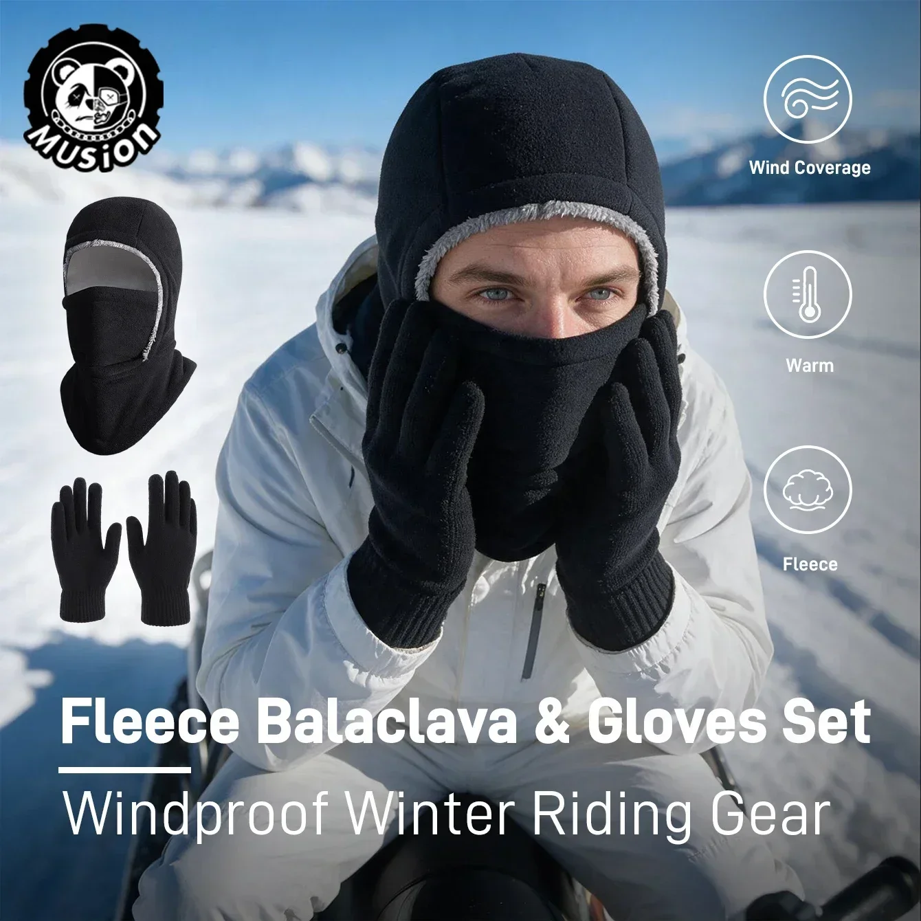 MusionWinter Riding Gear Fleece Balaclava with Gloves Windproof Warm Face Cover Motorcycle Cycling Ski Sports Ski Mask