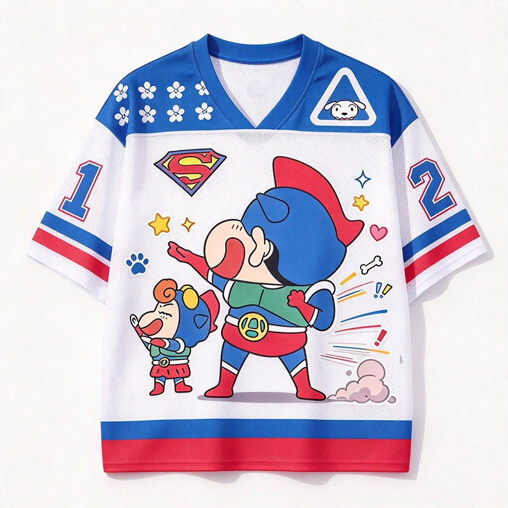 Crayon Shin-chan Action Kamen V-neck Mesh T-Shirt Cartoon Print Short Sleeve Casual Jersey Top