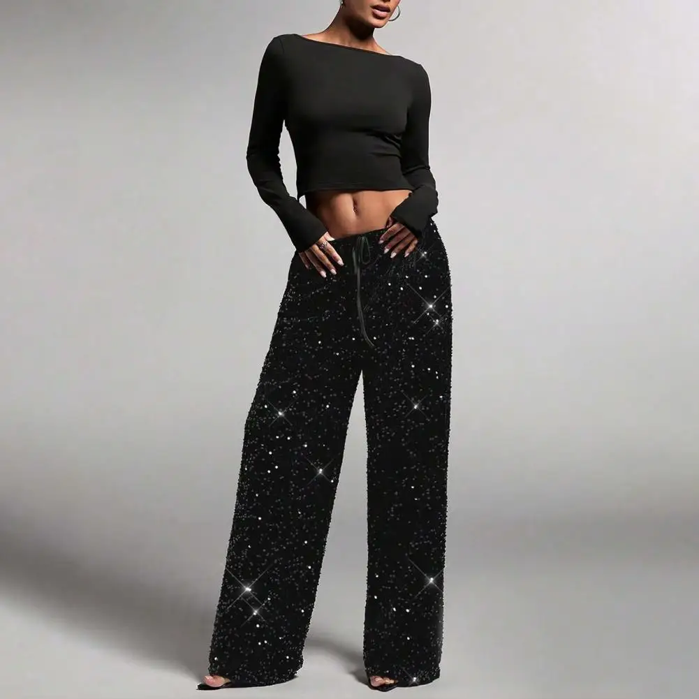 Pantalon à paillettes pour femmes, cordon de serrage, doux, élastique, taille basse, jambes larges, nouvelle dame, automne hiver, vêtements d'extérieur pour les déplacements, 2025