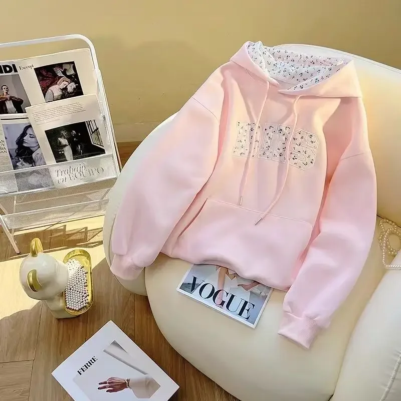 Pink Floral Letter Embroidery Drawstring Hooded Velvet Hoodie Women Sweatshirt Long Sleeve Korean Casual Winter Clothes Women
