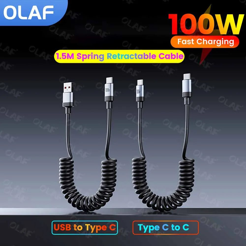 100W 5A USB Type C To USB C Spring Cable For iPhone 15 16 Pro Max Samsung Xiaomi Car Charger Cable 27W Type C To Lightning Cable