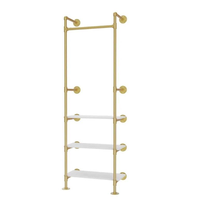 

Pipe Clothing Rack Wall Mounted Gold Garment Rack with 3 Tier White Shelves