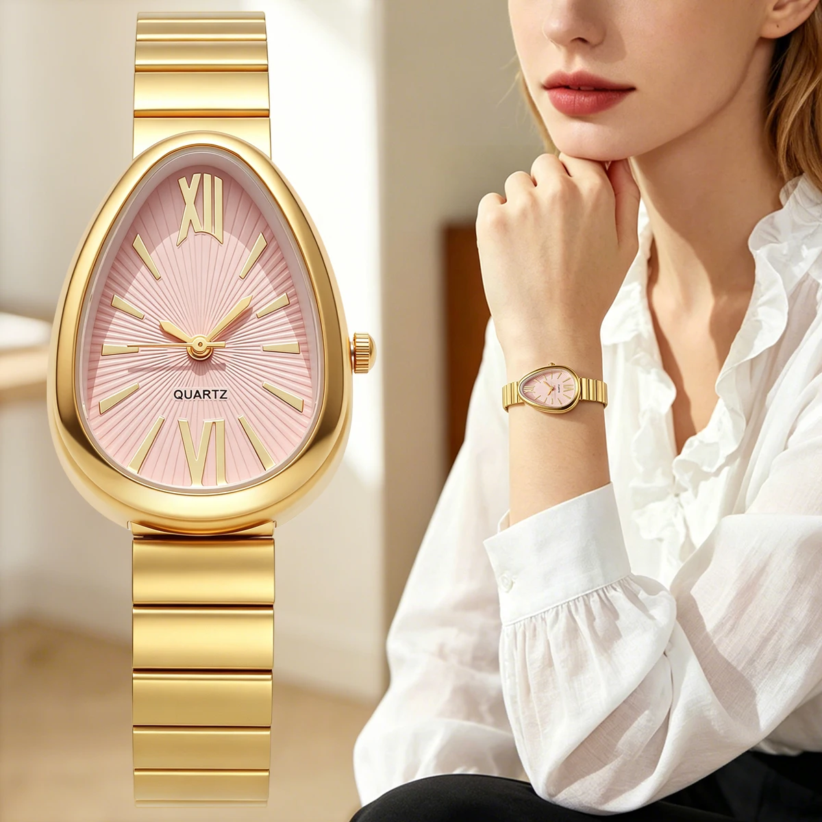 Women Oval Tear Drop Quartz Watch Dial Roman Numeral Gold Alloy Steel Band Analog Quartz Watches
