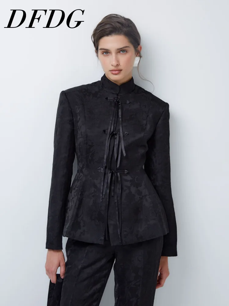 

DFDG DFDG Women 2026 Spring Jacquard Jacket Mandarin Collar Frog Button Tie Waist Slim Fit Elegant Chinese Style Outerwear Coat