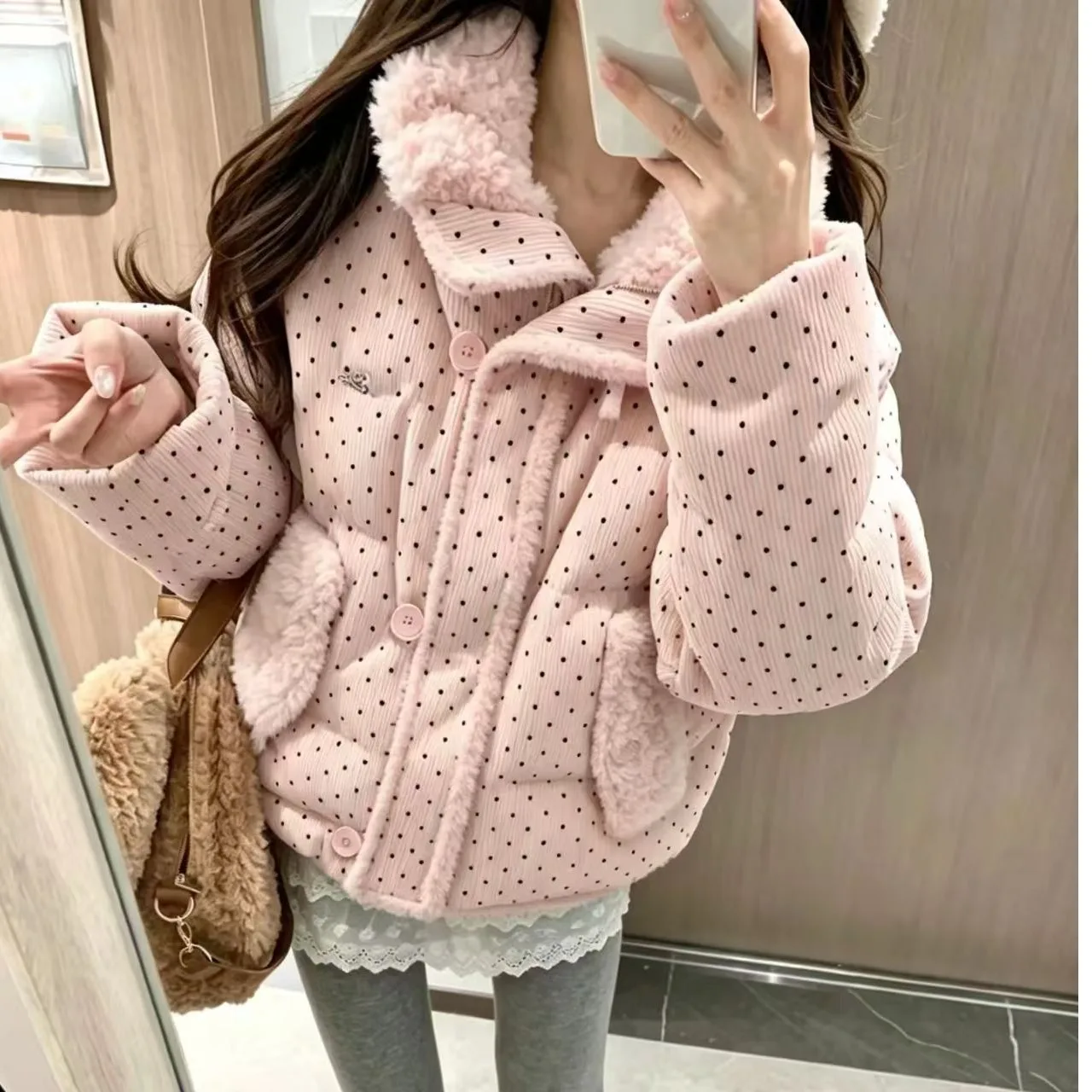 Korean Style Sweet Polka Dot Knitted Splicing Long Sleeve Cotton Jacket Women Winter Loose Thick Short Warm Bread Style Coat