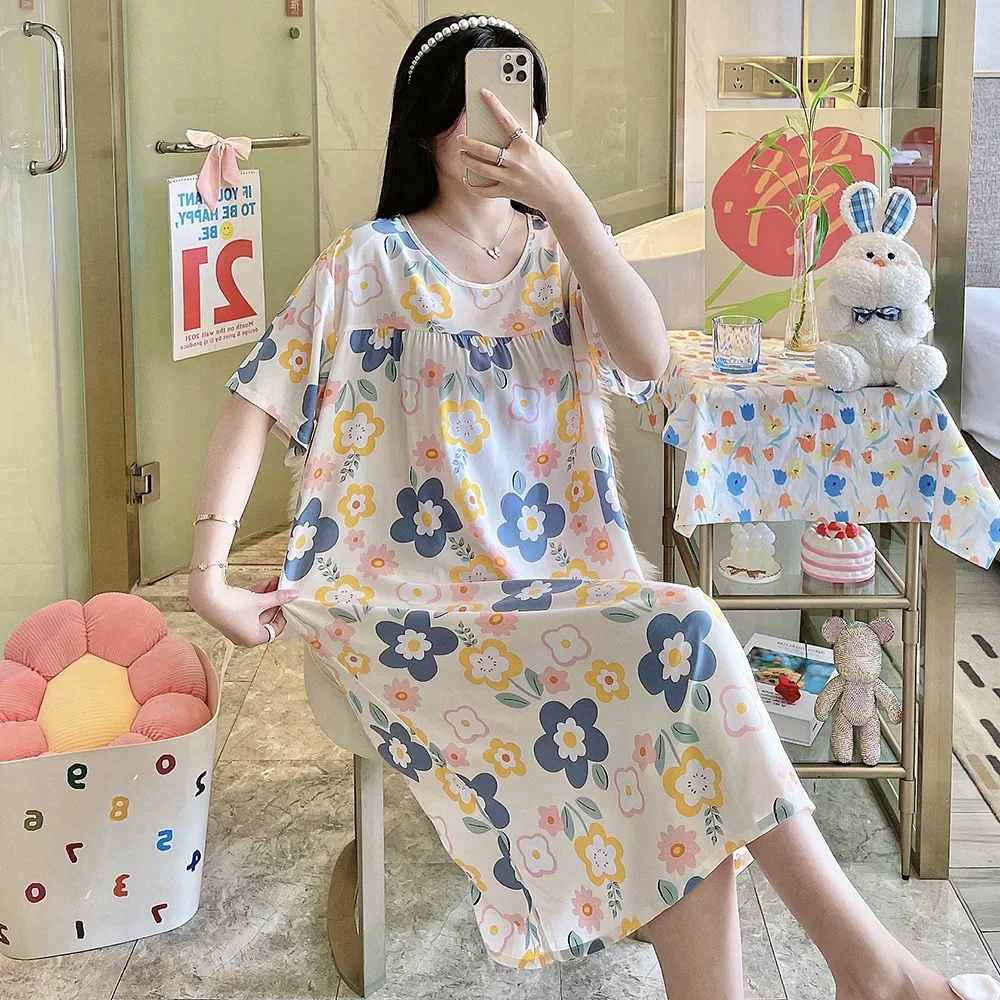 Cotton Silk Cute Floral Print Satin Summer Nightgowns Nightdress Night Dresses Robe Lounge Lady Women Pijama Sleepwear Pajama