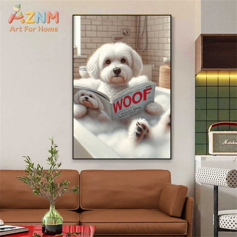 Funny Bathroom Maltese Dog Toilet Looking Magazine Wall Art, HD Canvas Print Poster, Home, Kids Bathroom, Room Decor