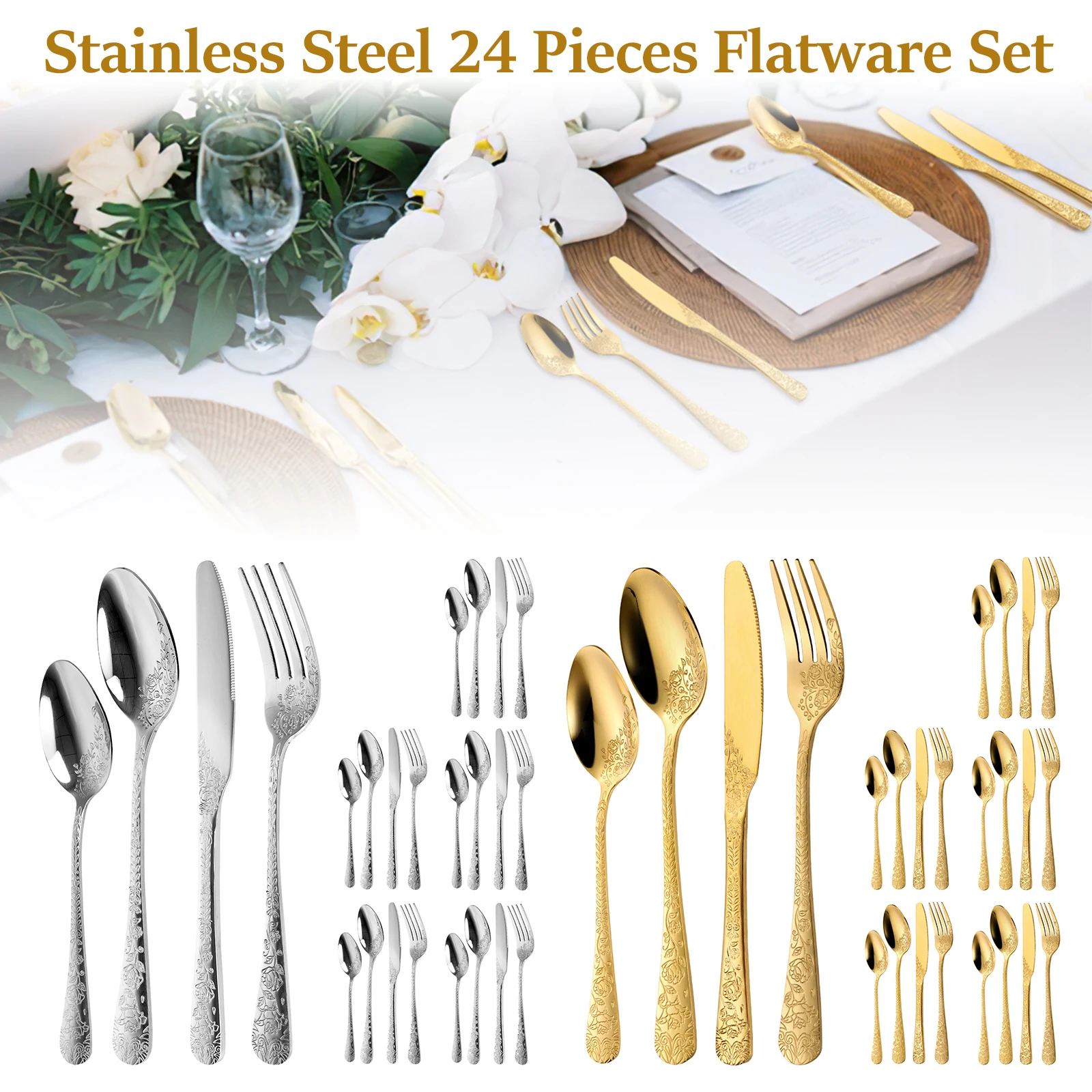 

20/24Pcs Stainless Steel Utensil Set Floral Silverware Tableware Set Fork Spoon and Knife Kit Kitchen Gadget Sets for Restaurant