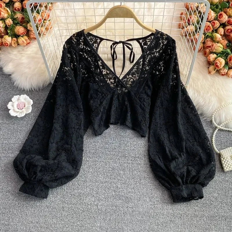 Sexy Lace Hollow Out Blouse Women Summer V-Neck Puff Sleeve Backless Tops Casual Korean Slim Lace Up Solid White Crop Tops