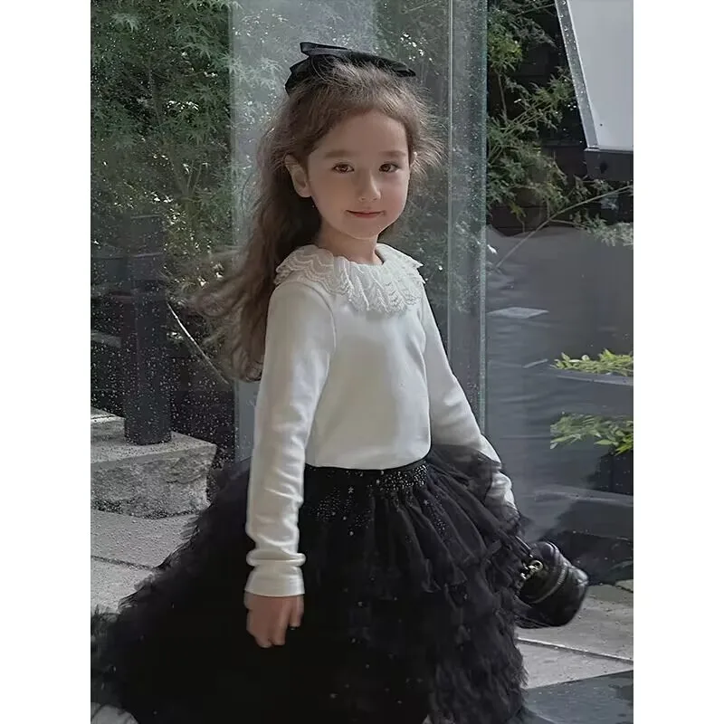 Girls Baby Shirt Autumn/Winter New Fashionable Children\'s Lace Doll Neck Long sleeved Shirt Girls\' Korean Edition Bottom Shirt