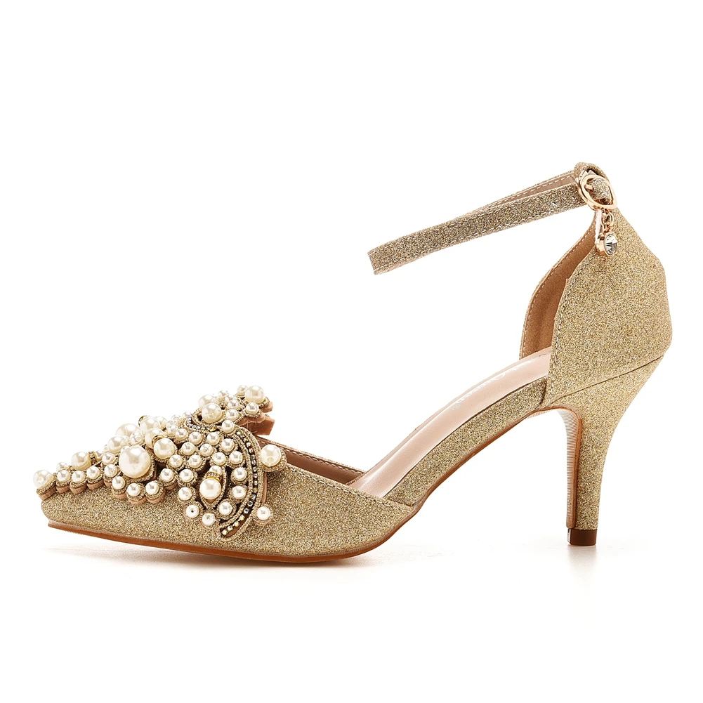 Crystal Queen Sexy Women Sandals 7cm tacchi alti Beige Pearl scarpe da sposa Bridal Glitter Fetish Stiletto Gold Pumps