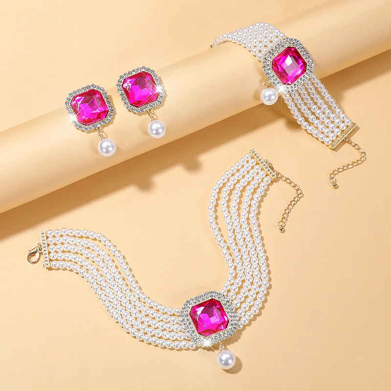 ヴィンテージパールラインストーンウェディングブライダルパールジュエリーセット（女性用、結婚式用）