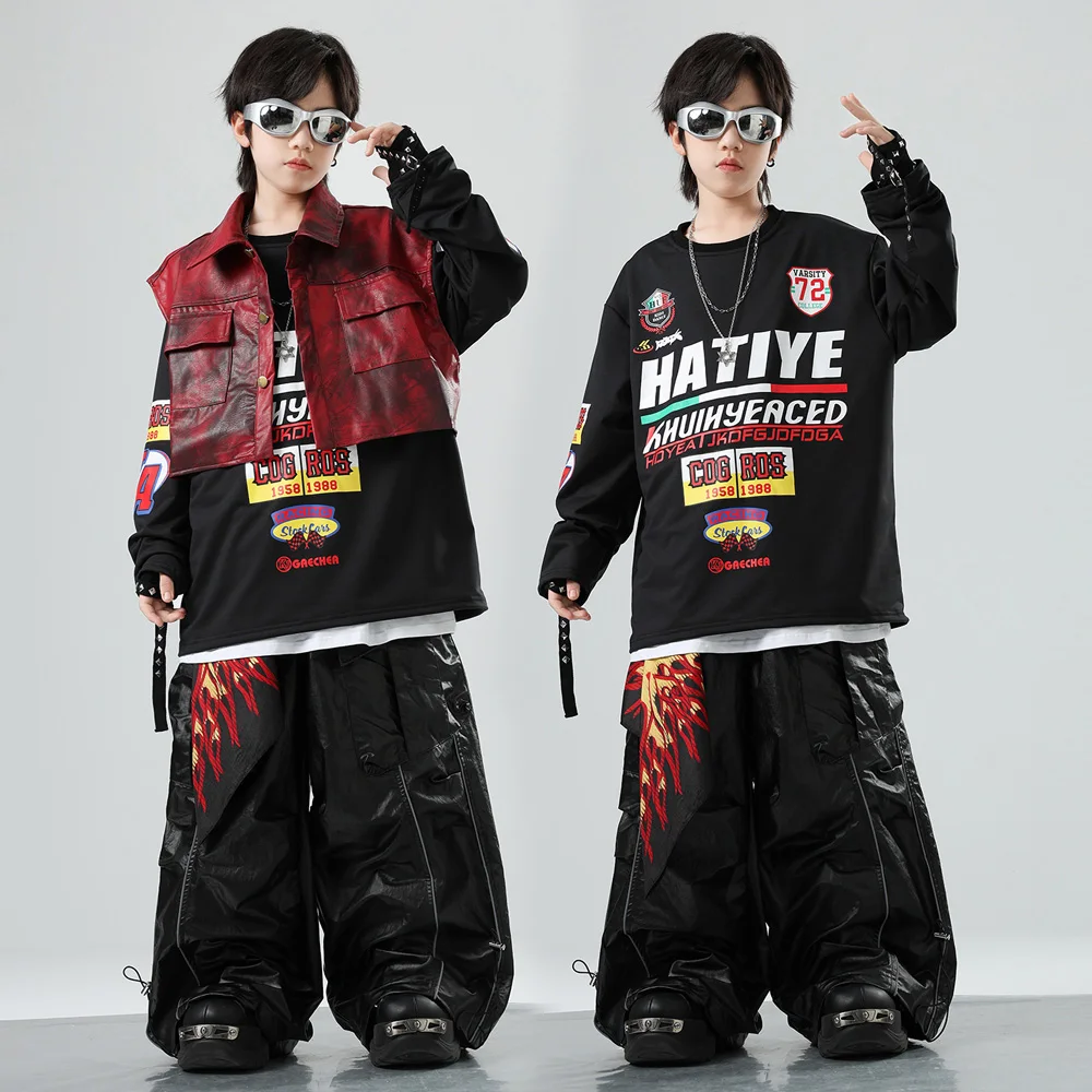 Children Hip Hop Jazz Fashion Show Boy Gilr Loose Leather Vest Baggy Pant T-shirt Sets Dance Performance Clothes Kids Tracksuits