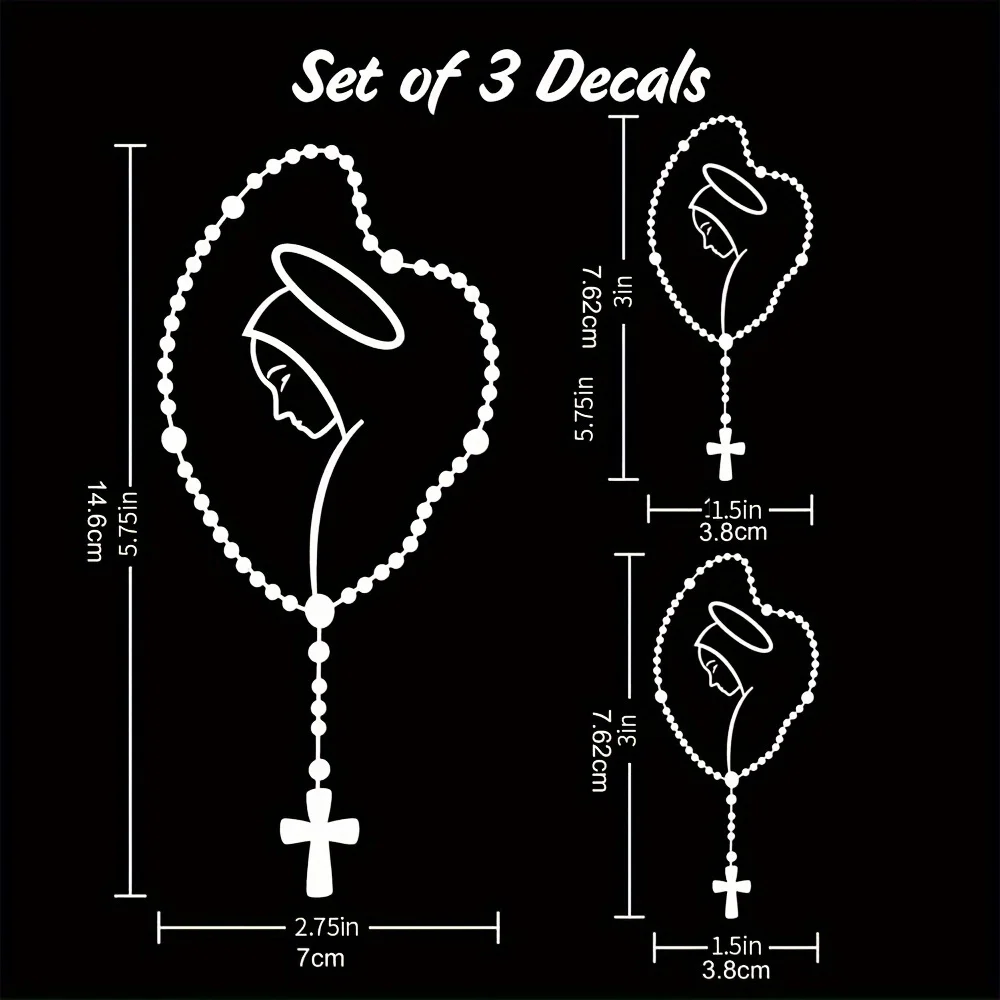 3Pcs Waterproof PET Rosary Mary Vinyl Decal, Christian Religious Sticker Set for Car, Truck, Tablet, Tumbler & Phone Decor