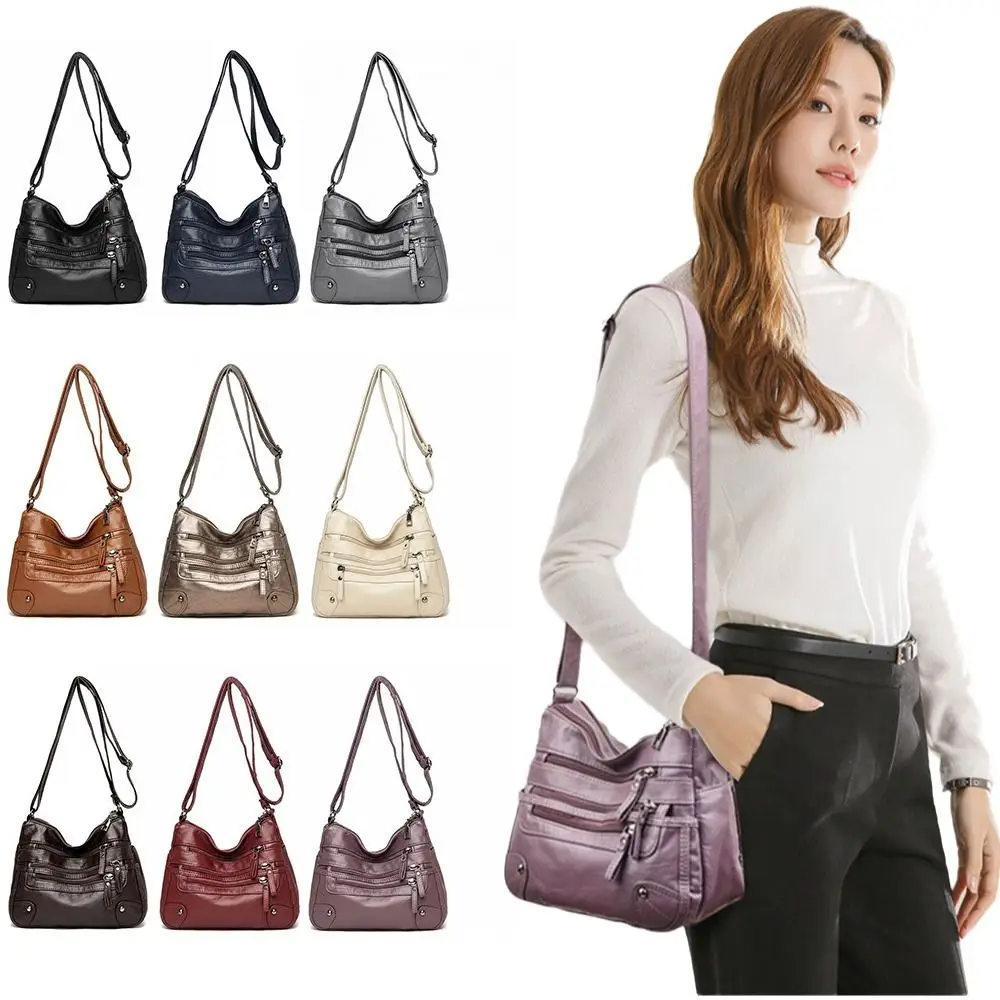 

Large Capacity Crossbody Bag Multi-Pocket Zipper Closure Messenger Satchel Bag Soft Leather Shoulder Bag Middle-Aged Women