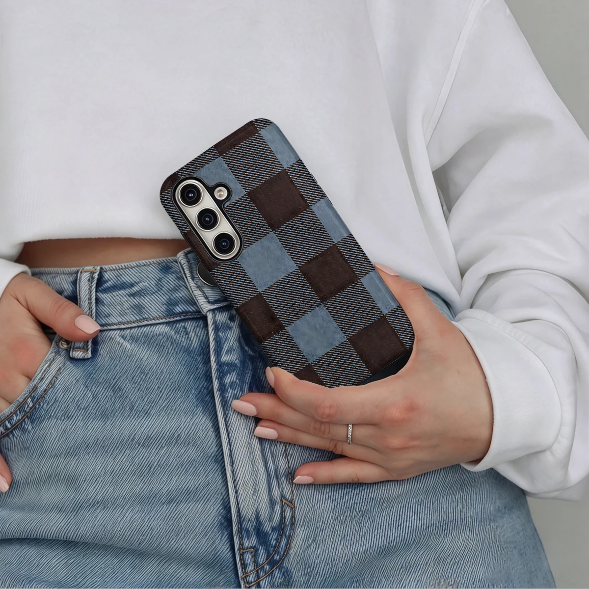 Brown Grey Blue Checker Phone Case For Samsung Galaxy S26 S25 Ultra S24 S23 Plus Hard Shock‑Absorption 2-in-1Protective Cover