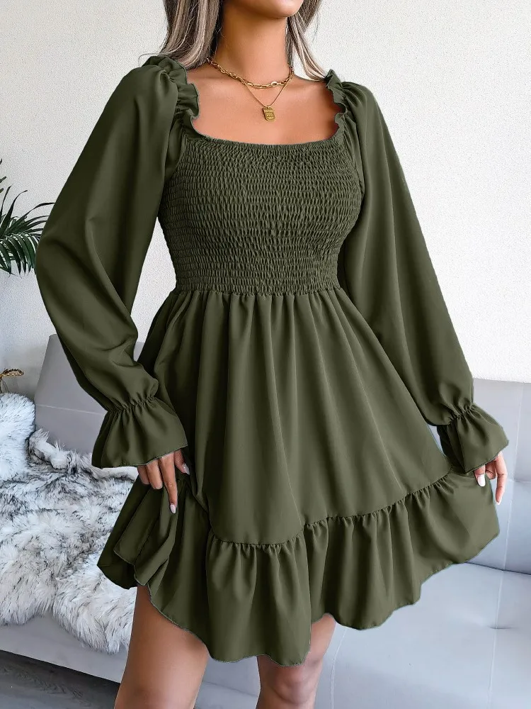 

Square Neck Trumpet Long-sleeved Dress Ruffled Skirt 2026 Spring And Summer Women's Fashion Casual Solid Color Short Skirt