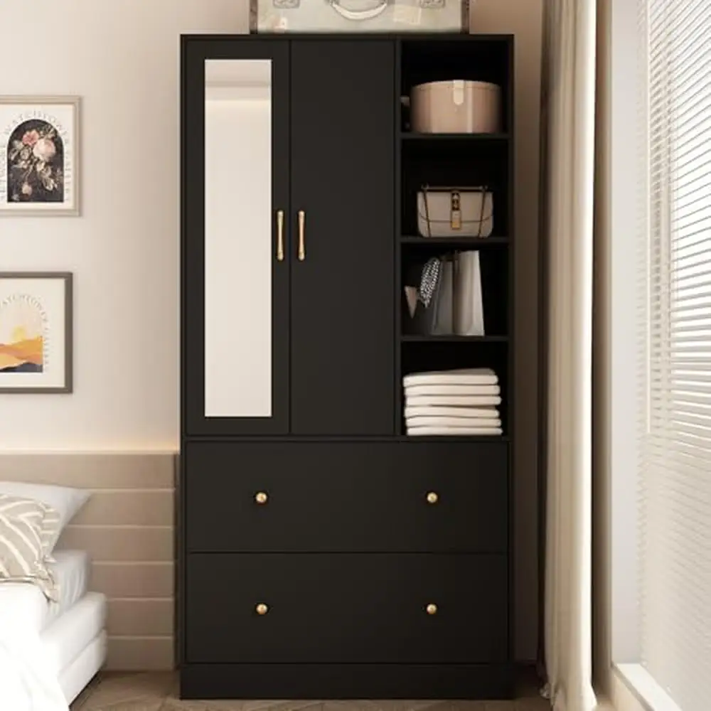 Wooden Wardrobe Armoire Closet with Mirror & Drawers – Bedroom Storage Cabinet Clothes & Accessories